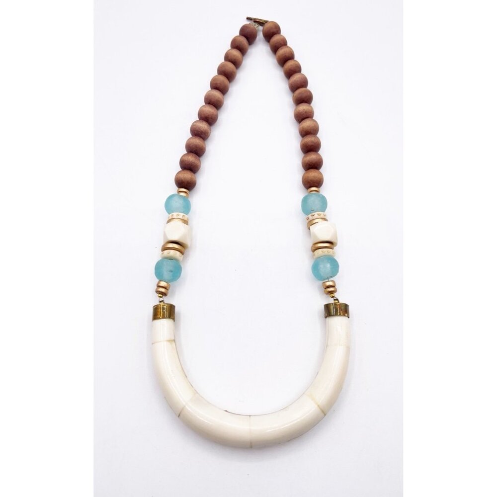 Vintage Boho Faux Bone Wood Bead Blue Glass Beads Statement Necklace 70s Retro